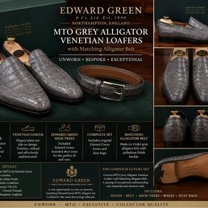 Bespoke Edward Green Grey Alligator Venetian Loafers and Matching Belt